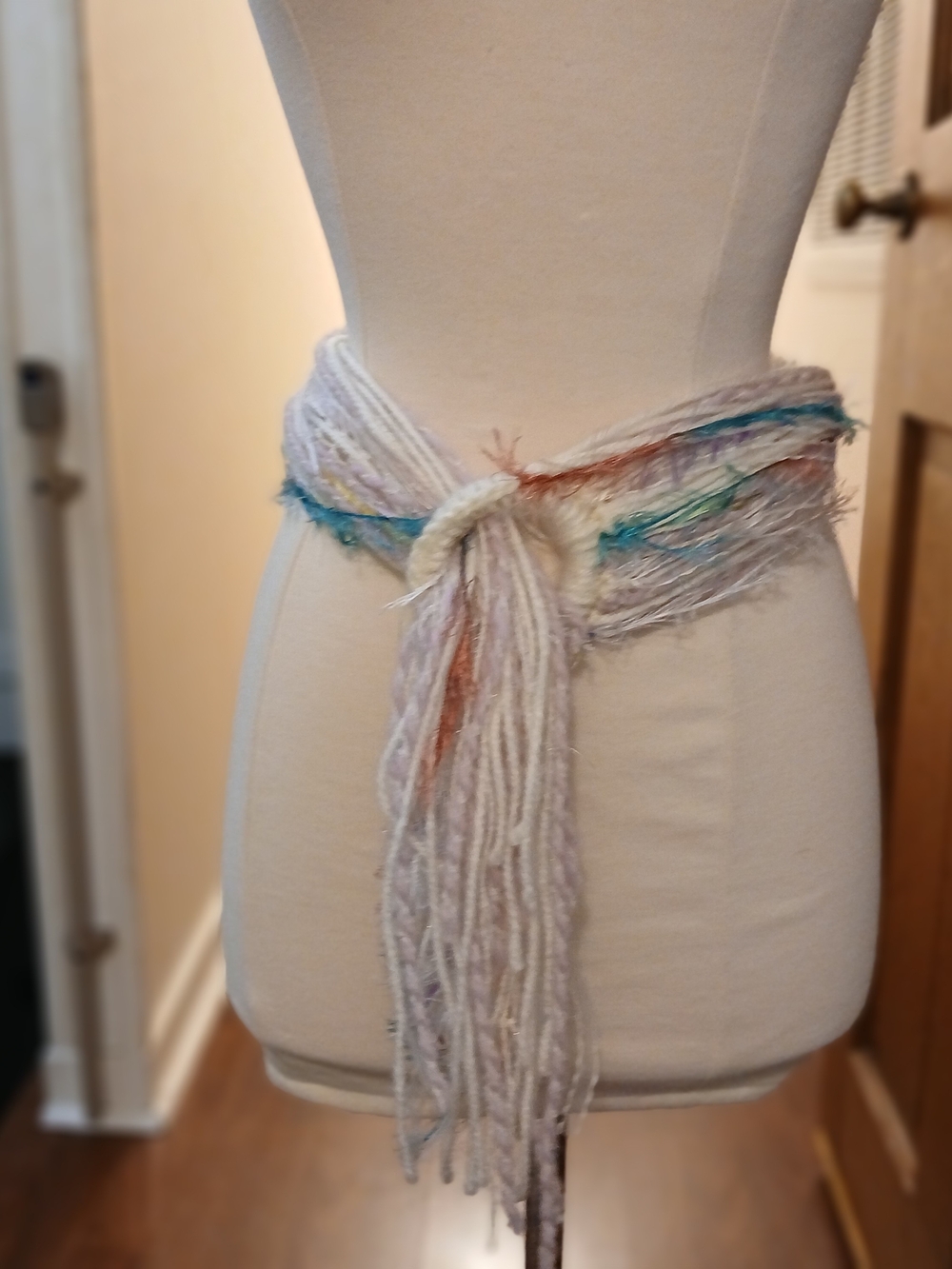 Hand Crafted White Fringe Belt with Teal and Copper Accents